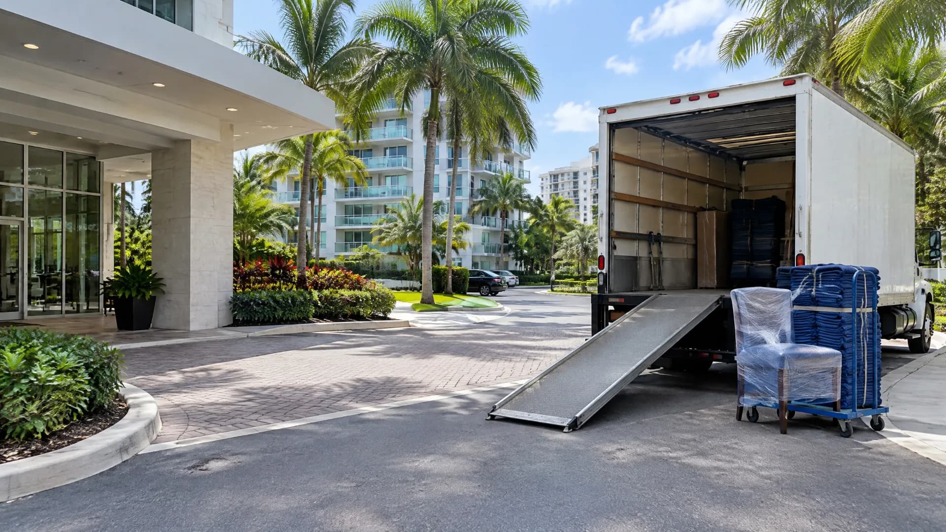 White moving truck with its ramp lowered in an Aventura residential driveway beside palm trees