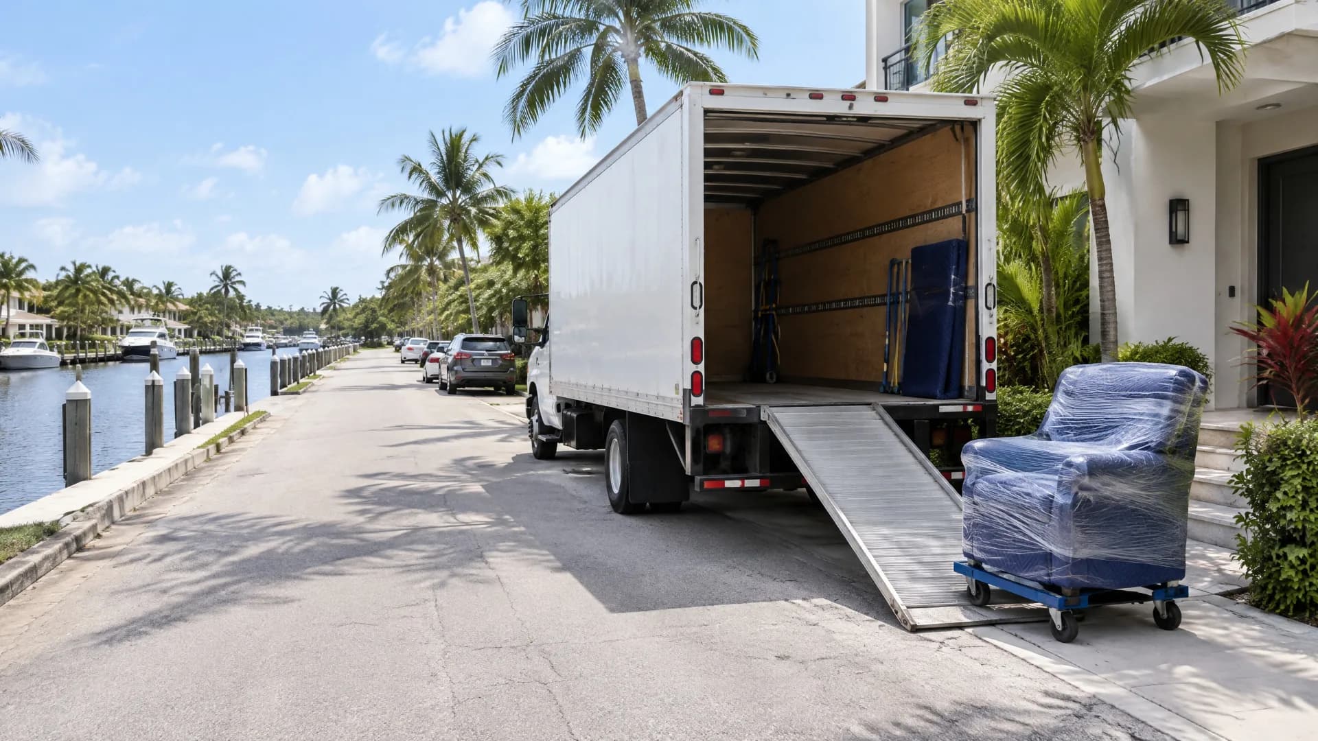 White moving truck with its rear ramp lowered on a sunny waterfront street in Fort Lauderdale