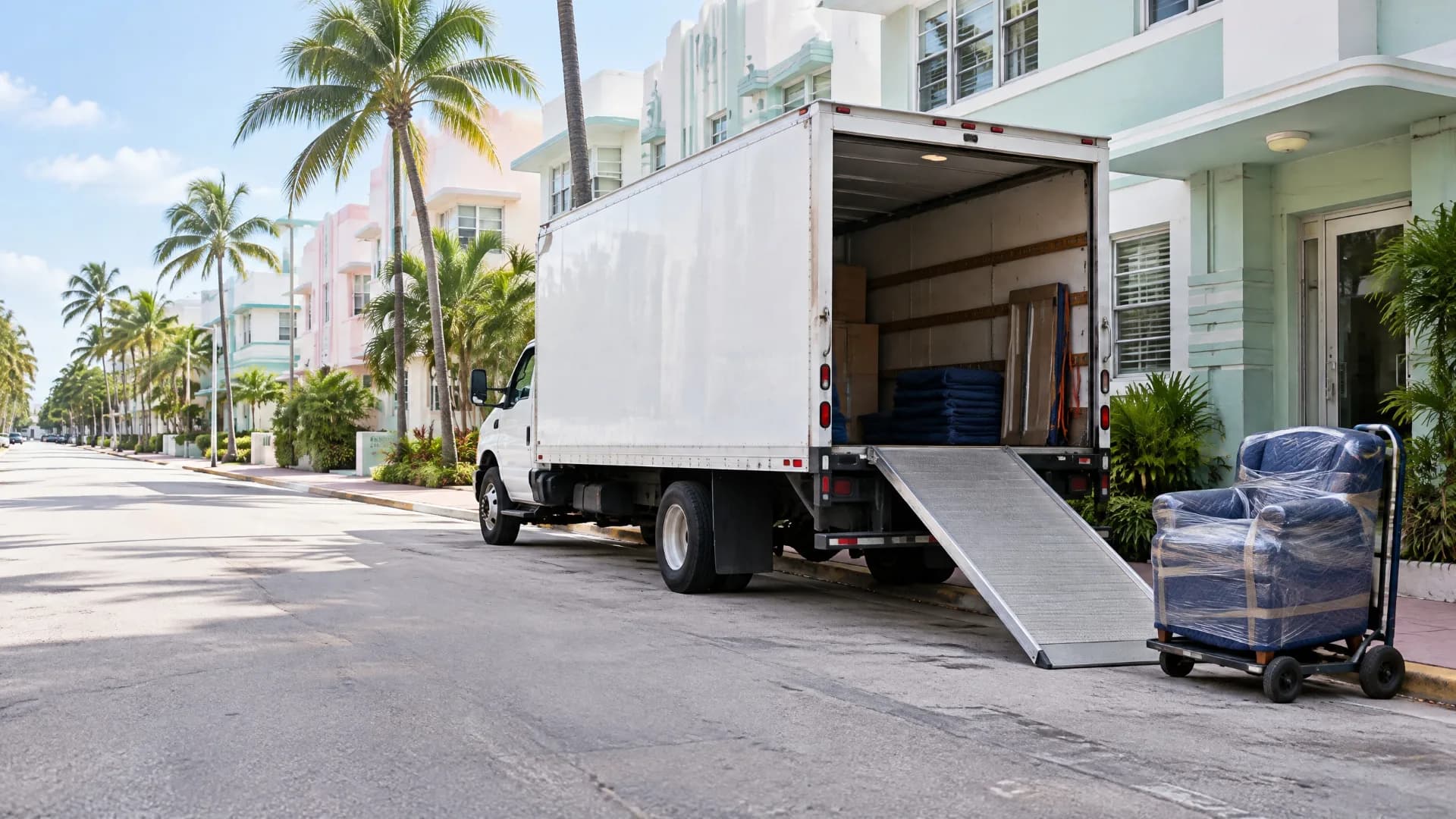 White moving truck with its ramp lowered on a palm-lined Miami Beach street beside wrapped furniture