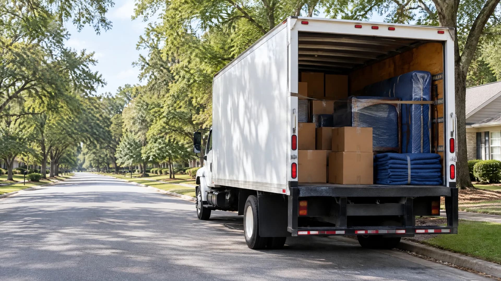 White moving truck with rear doors open on a shaded tree-lined road in Georgia