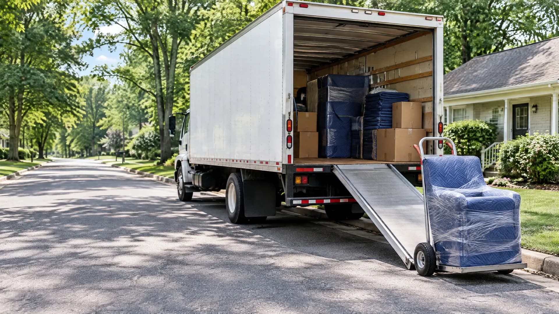 White moving truck with rear ramp lowered and a blue-wrapped piece of furniture on a wooded North Carolina street