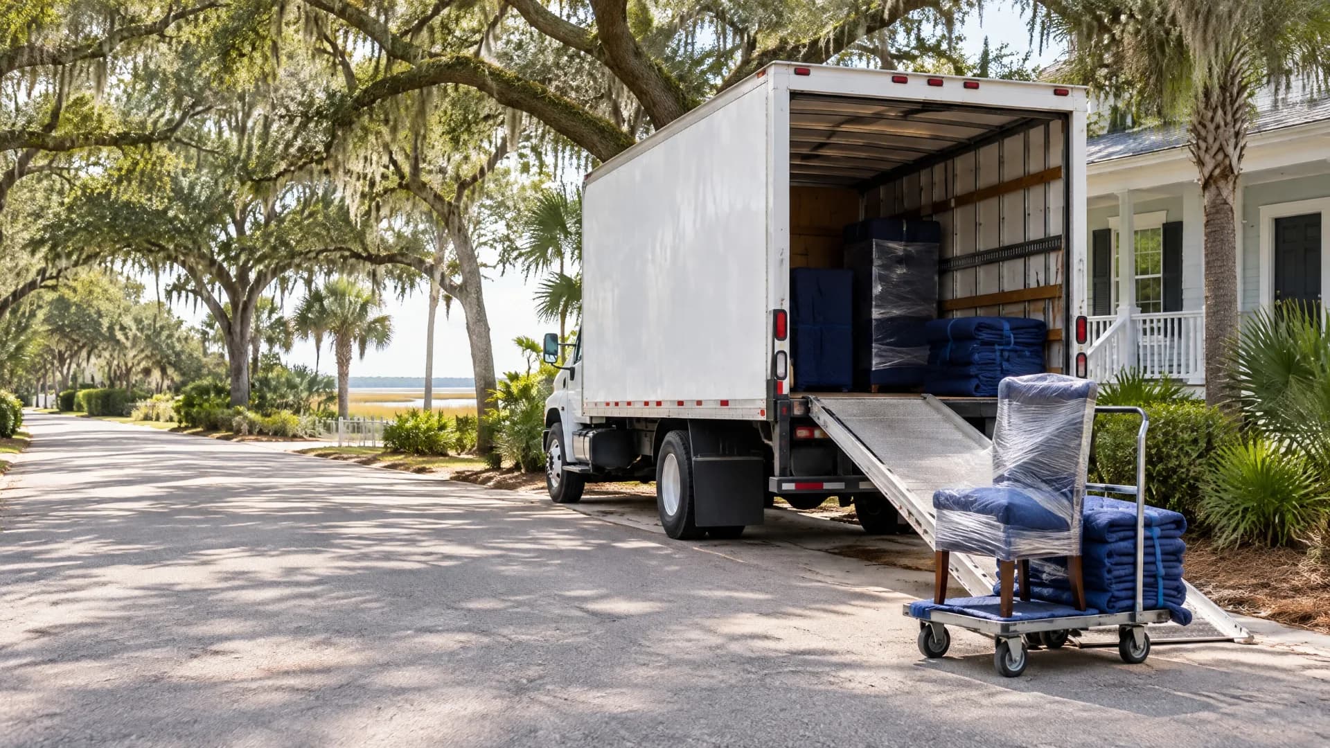 White moving truck with rear ramp lowered and a blue-wrapped piece of furniture on a palm-lined South Carolina street