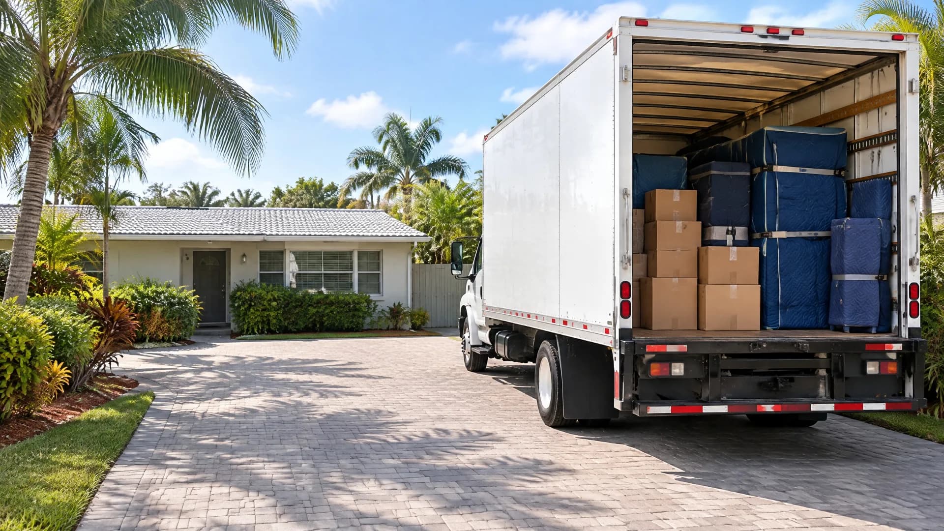 White moving truck parked outside a palm-lined South Florida home with its rear doors open