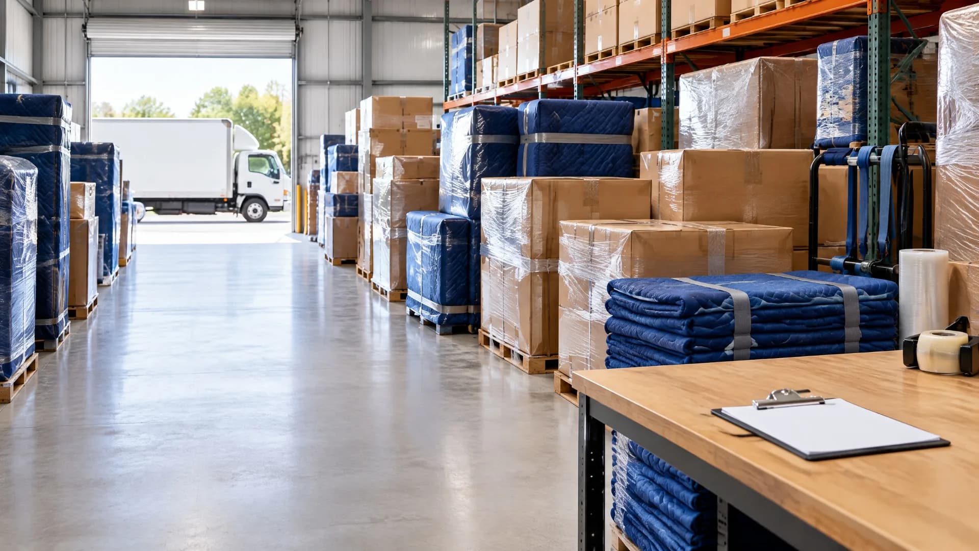 Organized moving warehouse aisle with wrapped furniture, cartons, blue pads, and a loading bay