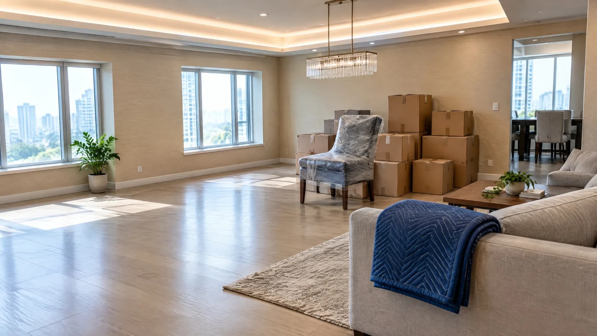 Bright living room with a wrapped chair, moving cartons, and a blue furniture blanket after a move