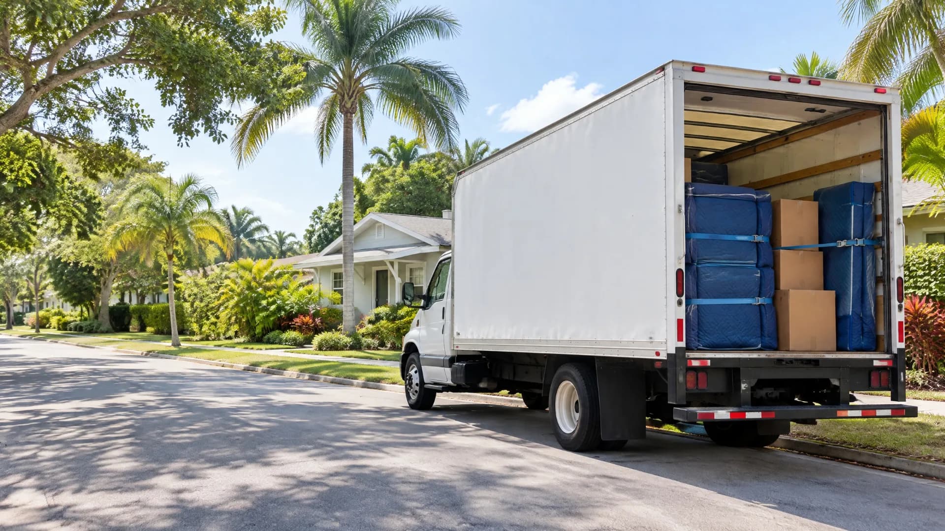 White moving truck parked on a leafy South Florida residential street with wrapped furniture visible inside