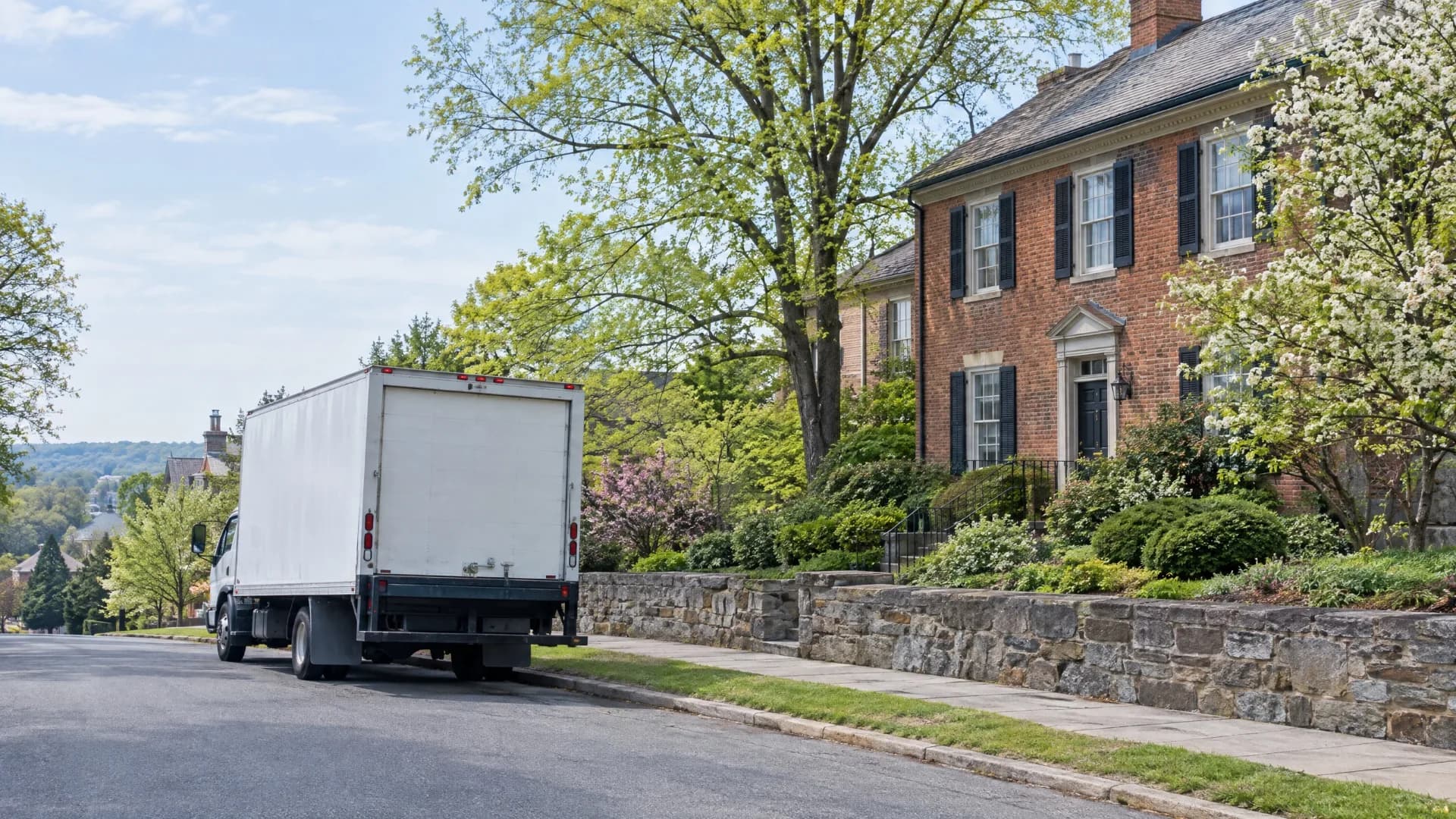 White moving truck on a leafy Delaware street lined with historic brick homes