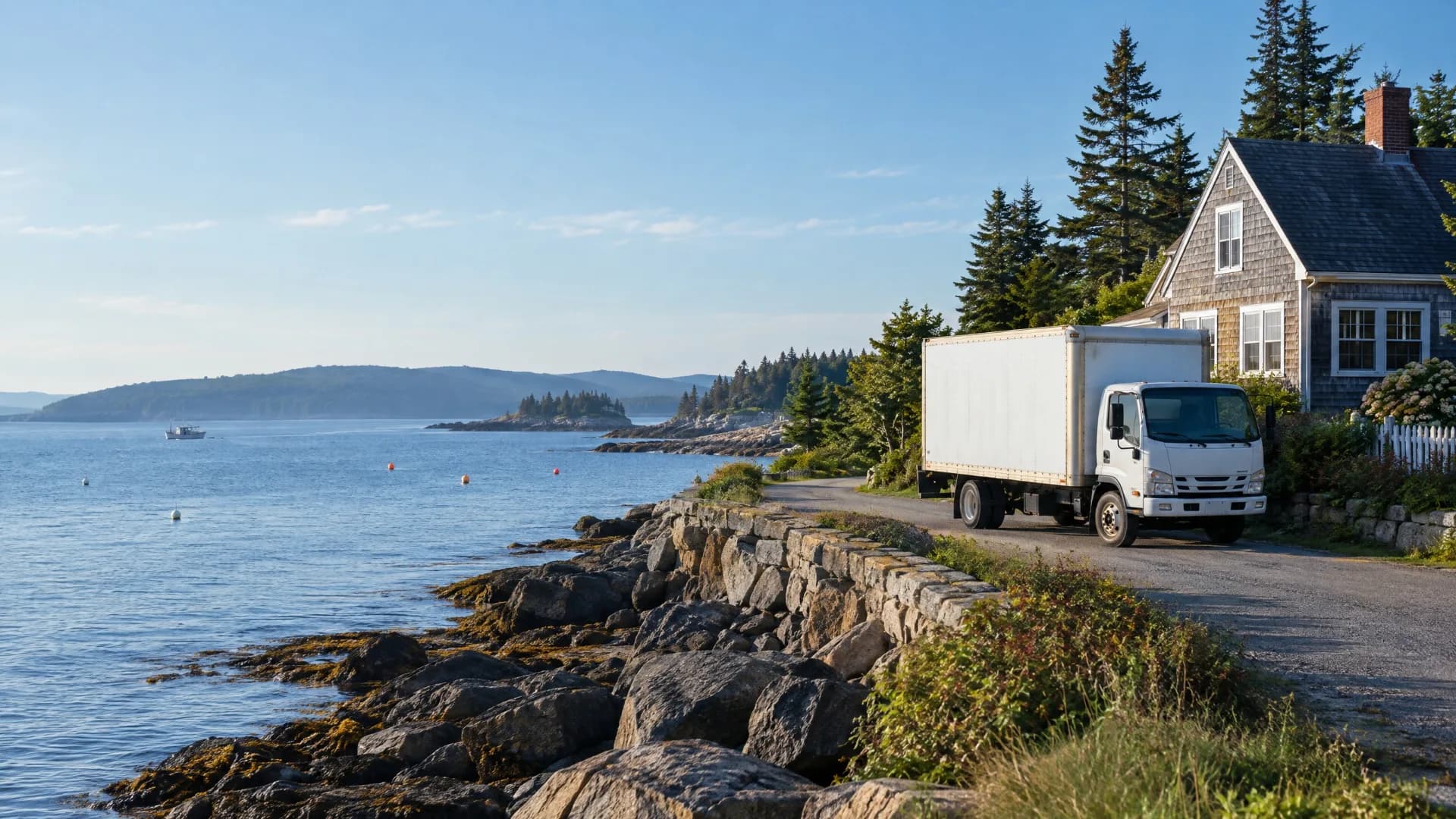 White moving truck beside a cedar-shingle cottage on a rocky Maine coast with spruce trees and calm water