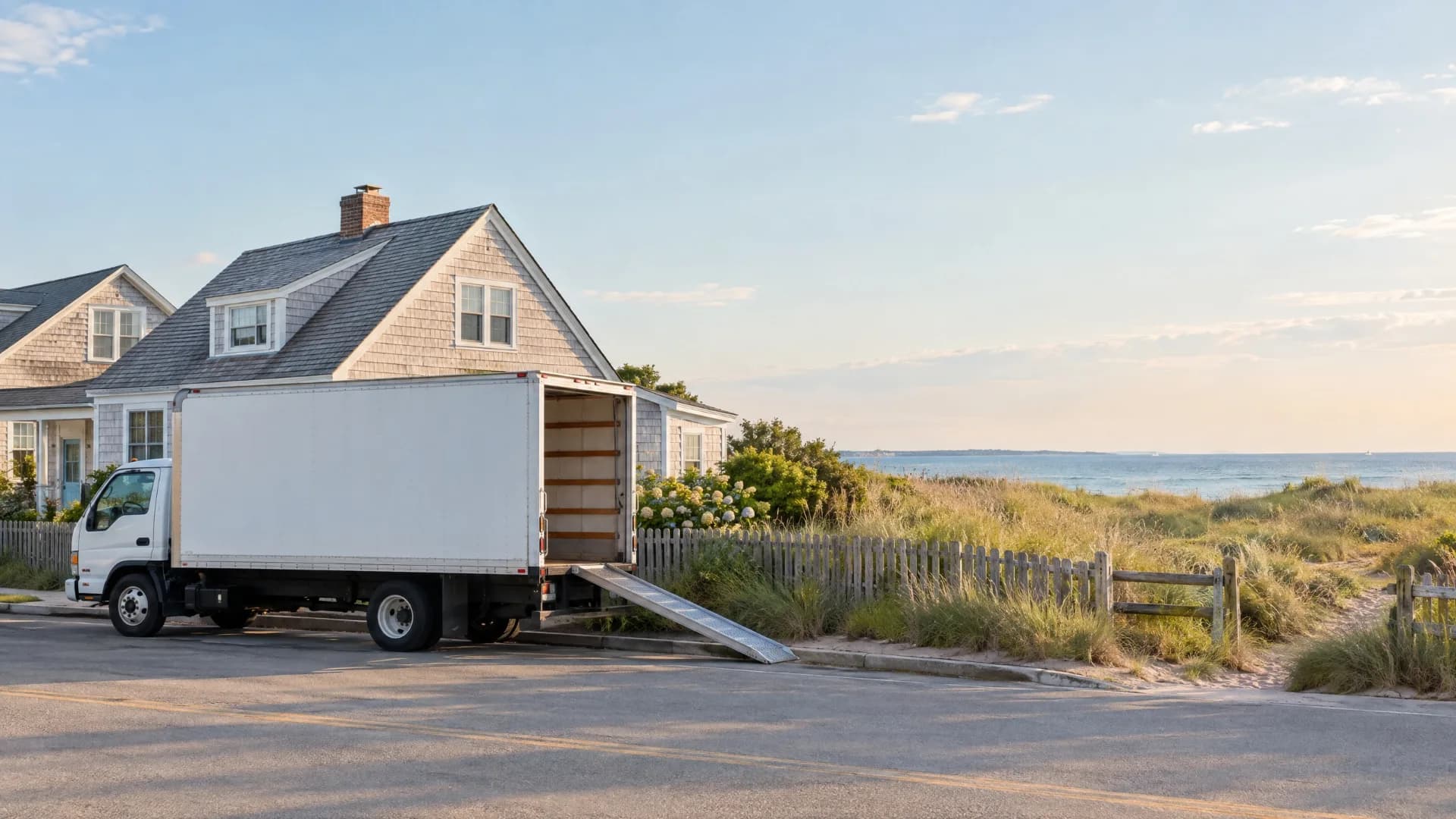 White moving truck on a coastal road overlooking a Rhode Island harbor with a shingled waterfront home