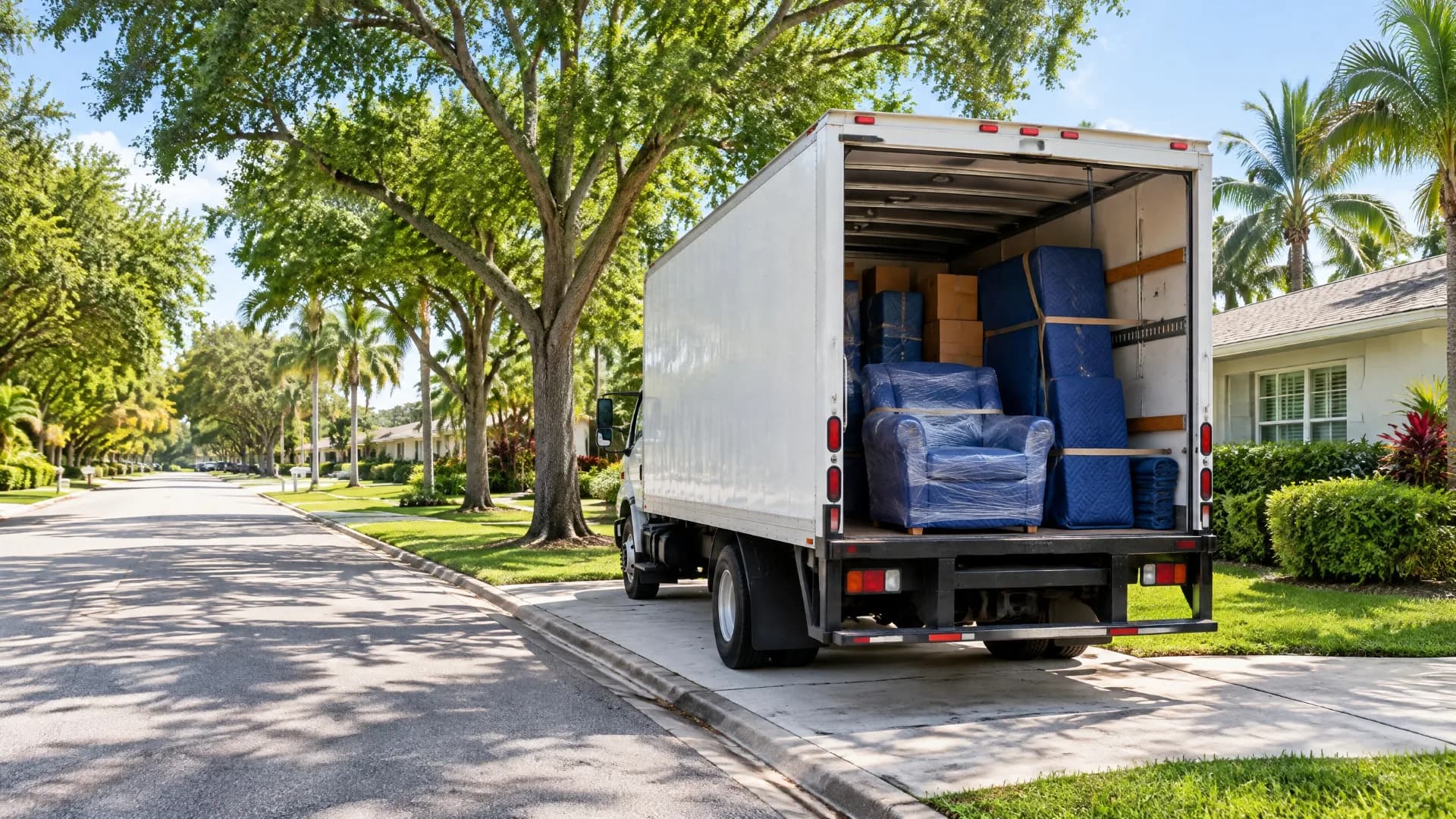 White moving truck with its rear doors open on a tree-lined Boca Raton residential street