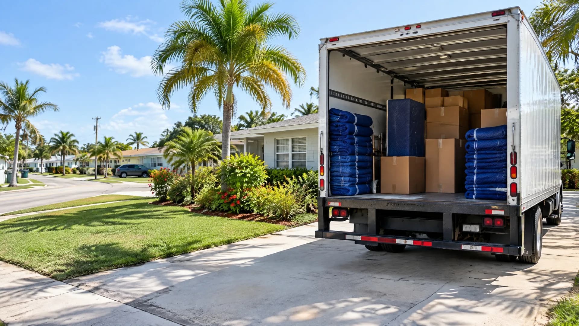 White moving truck with rear doors open beside a palm-lined waterfront home in Dania Beach