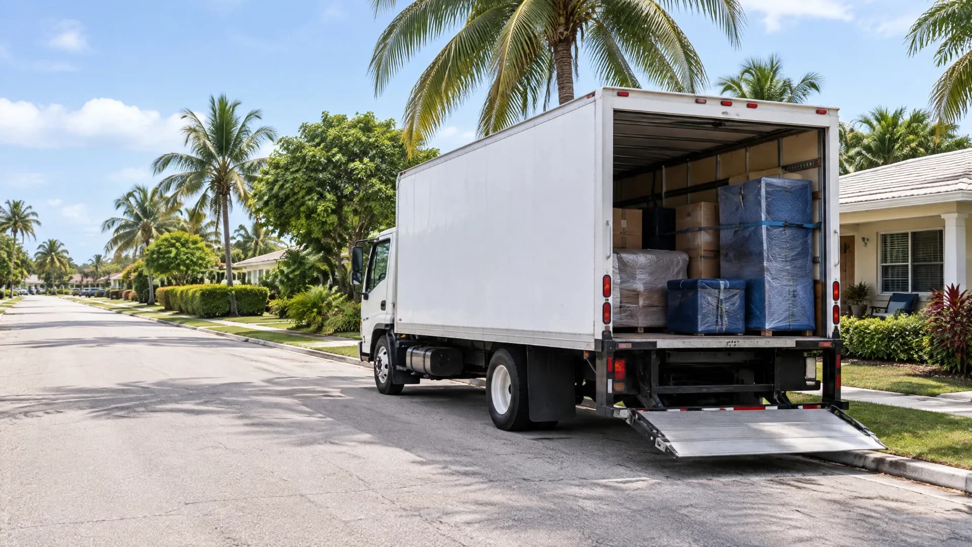 White moving truck with its rear ramp lowered on a palm-lined Hollywood residential street