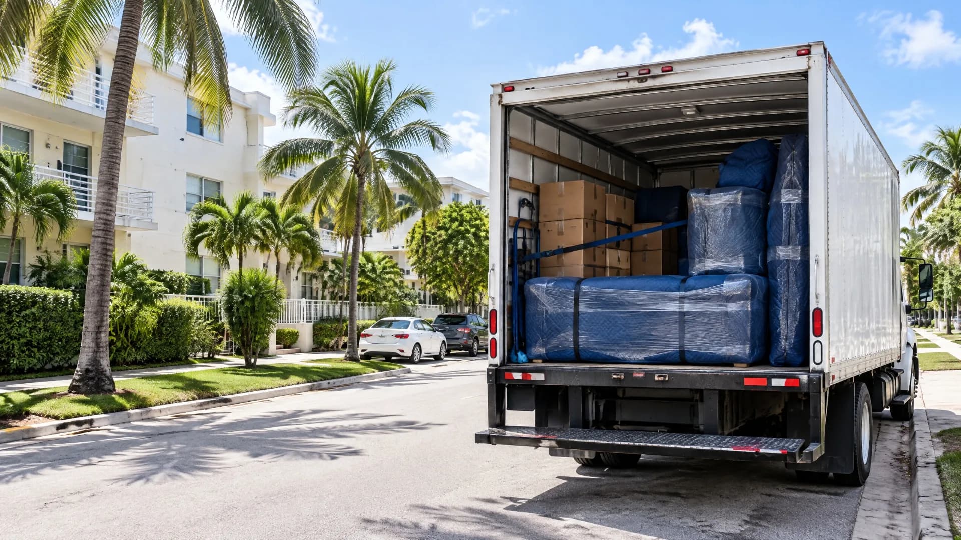 White moving truck parked on a palm-lined Miami residential street with blue pads visible in the cargo area