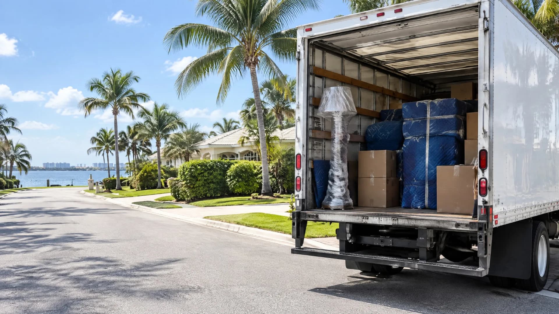 White moving truck with rear doors open and blue moving blankets on a palm-lined Pompano Beach coastal street
