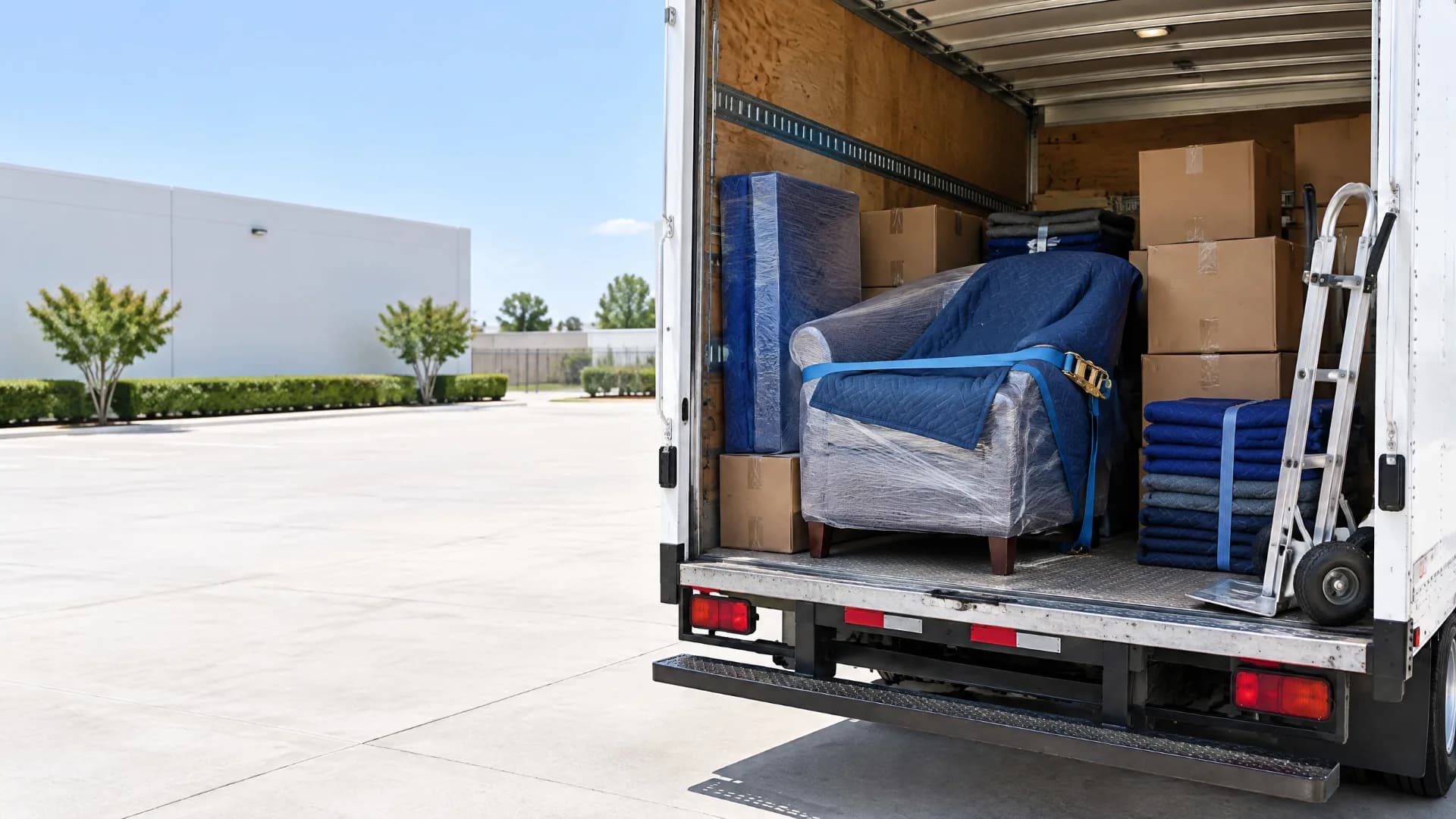 Open moving truck with wrapped furniture and blue moving blankets secured inside a bright service yard