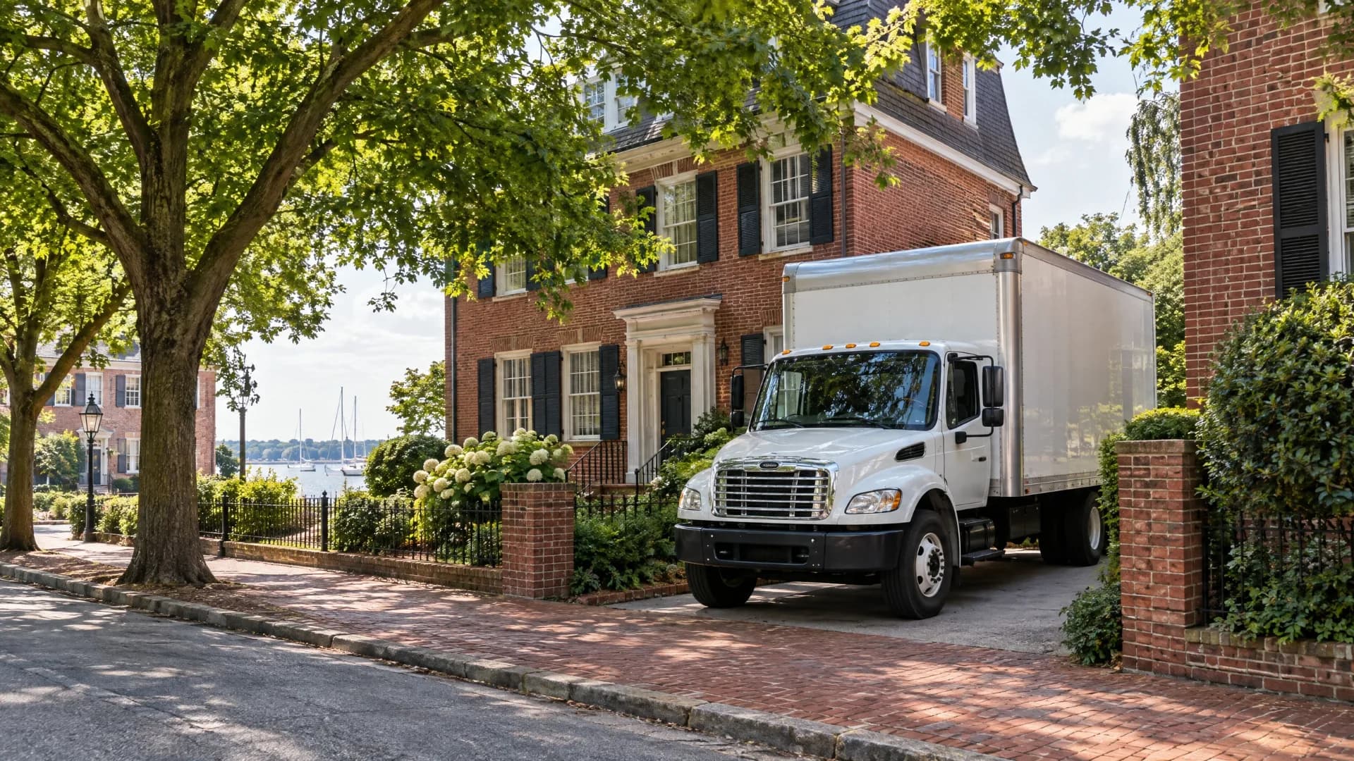 White moving truck parked beside a brick home on a leafy Maryland residential street