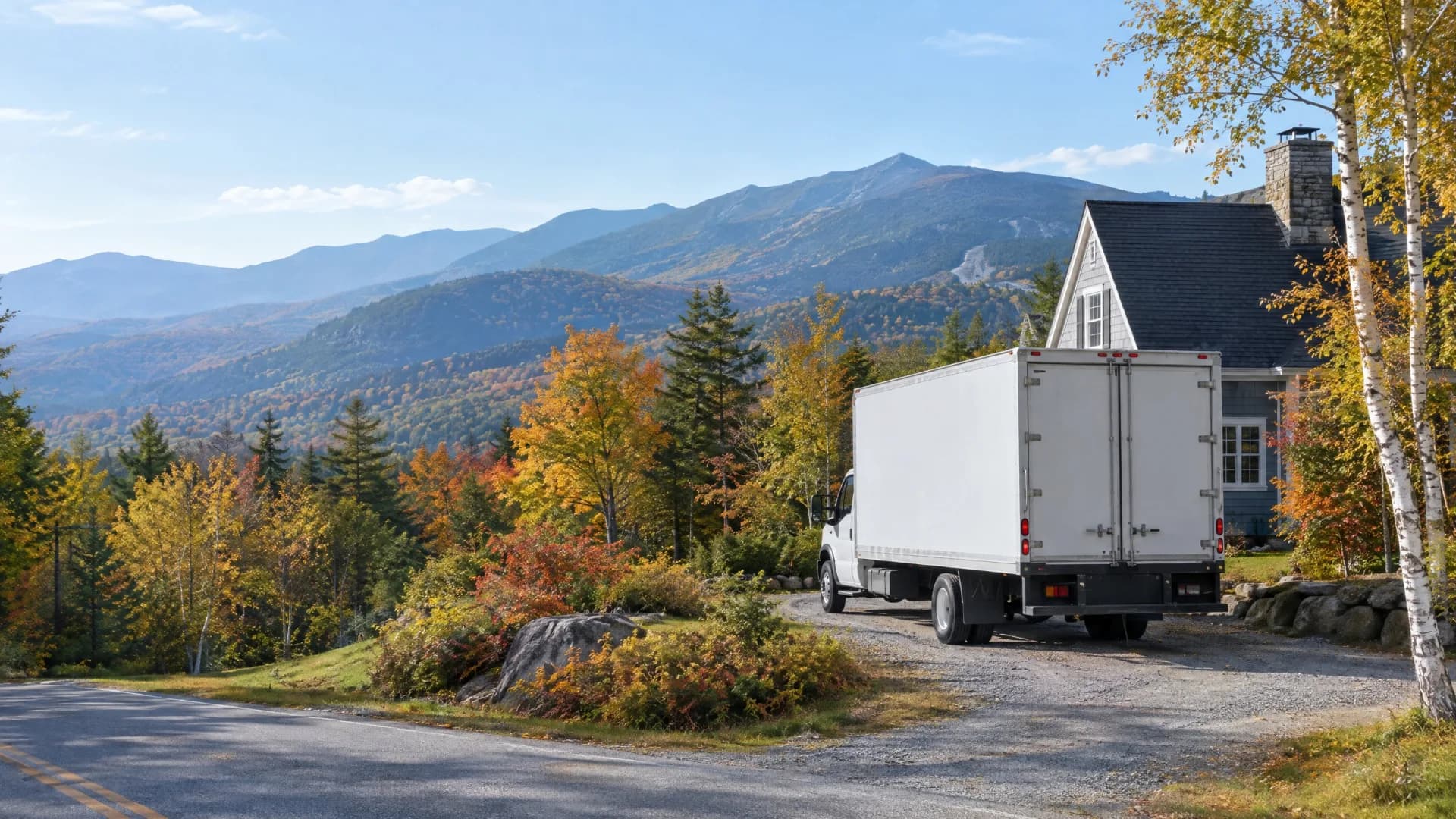 White moving truck on a wooded driveway with autumn trees and layered mountains in New Hampshire